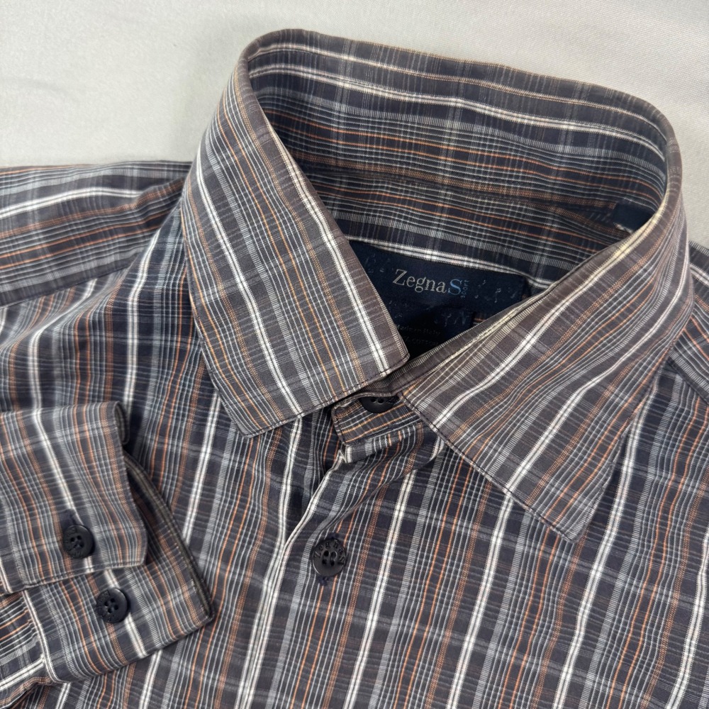 Zegna Sport Mens M Plaid Button Up Shirt Grey Cotton Made in Italy Office Career